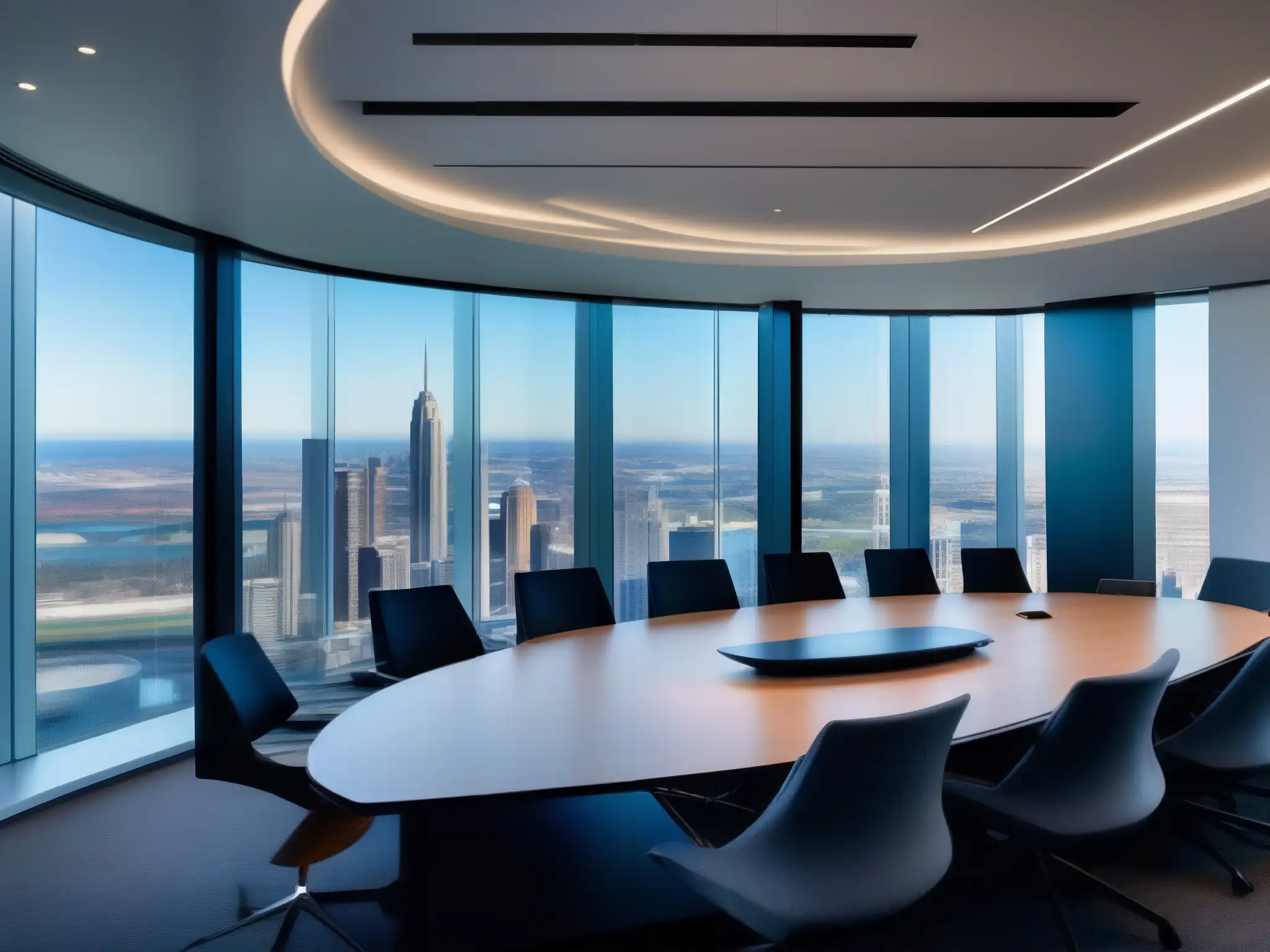 Sala de juntas financiera ultramoderna con vista panorámica Espaciosa sala de juntas financiera con alta tecnología para videoconferencia y vistas panorámicas a la ciudad