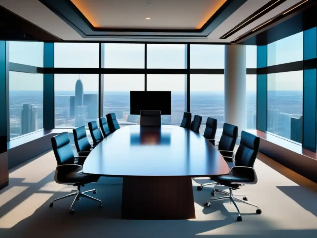 Sala de conferencias moderna con vista panorámica Espaciosa sala de juntas con integración de videoconferencias en empresas, iluminada por luz natural y con vista panorámica a la ciudad