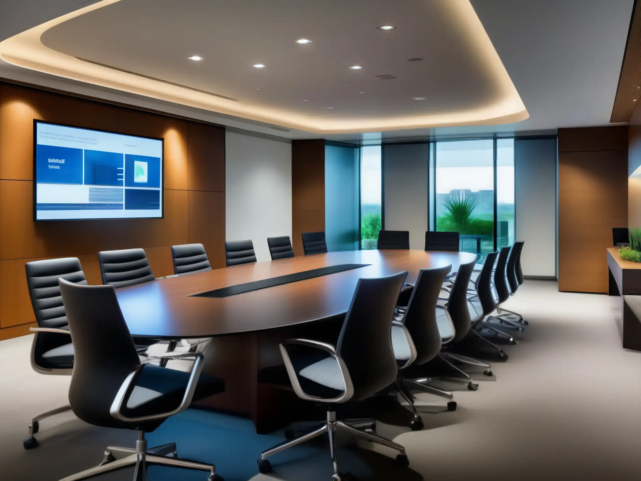 Sala de juntas moderna con pantalla de videoconferencia Espaciosa sala de juntas moderna con herramientas de videoconferencia para empresa, mobiliario elegante y luz natural