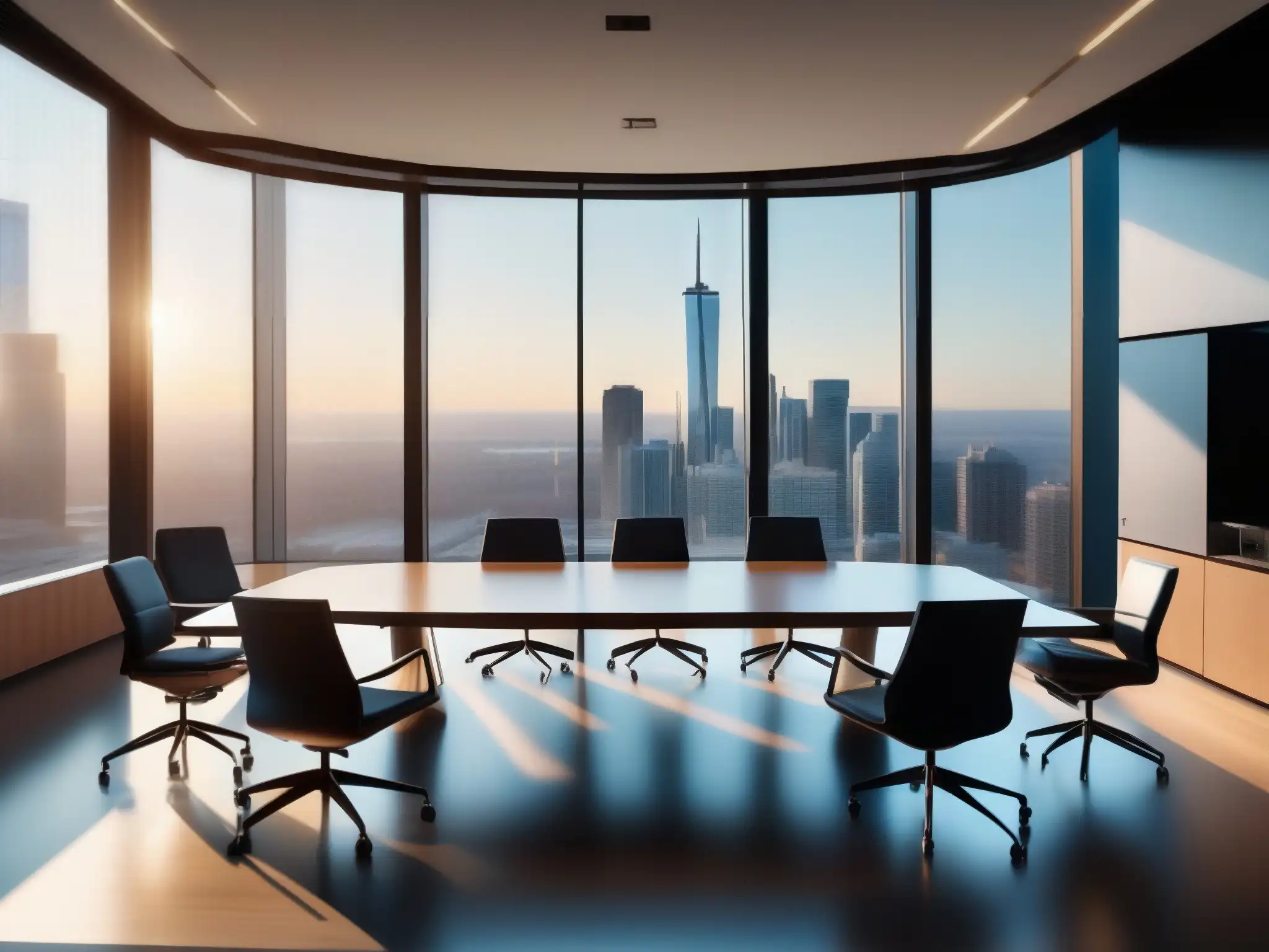 Oficina ejecutiva moderna con vista panorámica 8K Espaciosa sala de juntas con vista panorámica a la ciudad, equipada con mobiliario moderno y avanzado equipo de videoconferencia