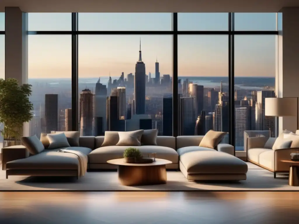 Espectacular sala moderna con vista urbana en 8k Espaciosa sala de estar moderna con vista panorámica de la ciudad y mobiliario minimalista