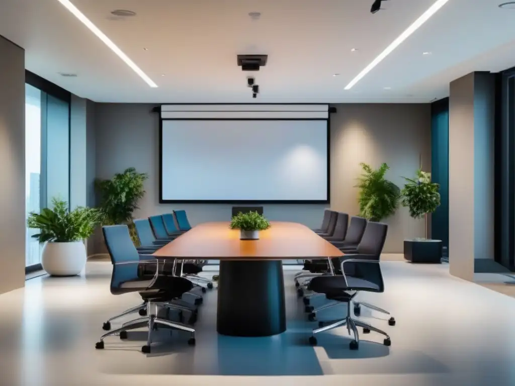 Sala de conferencias moderna y eficiente con tecnología avanzada Espaciosa sala de reuniones moderna con integración de herramientas de videoconferencia, rodeada de sillas elegantes y ergonómicas