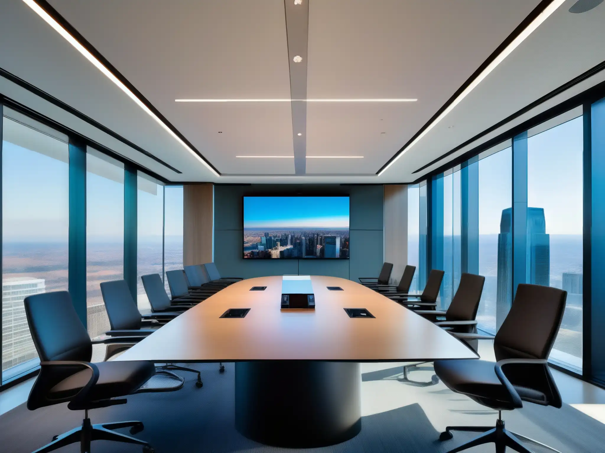 Sala de videoconferencias de vanguardia con vista a la ciudad Espaciosa sala de videoconferencias futurista con equipamiento de vanguardia y vistas a la ciudad