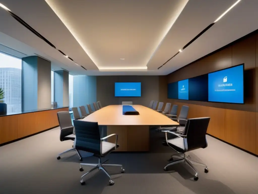 Sala de videoconferencias de vanguardia: colaboración dinámica y sofisticación tecnológica Espaciosa sala de videoconferencias con tecnología de vanguardia, iluminación natural cálida y profesional diverso