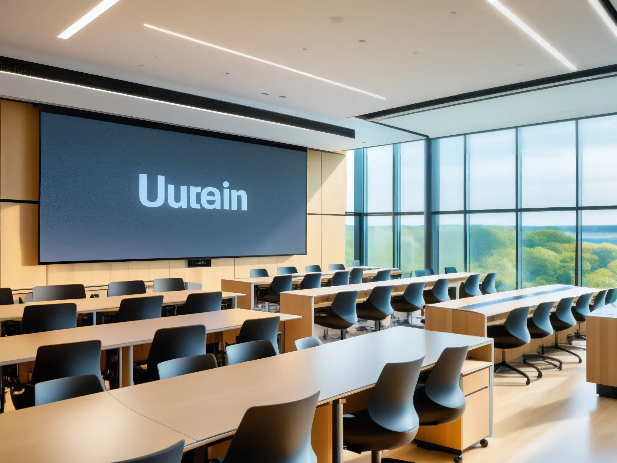 Salón de Clases Moderno con Tecnología Avanzada Espacioso aula universitaria con tecnología de vanguardia y ventanas panorámicas, mostrando las ventajas de GoToMeeting en educación virtual