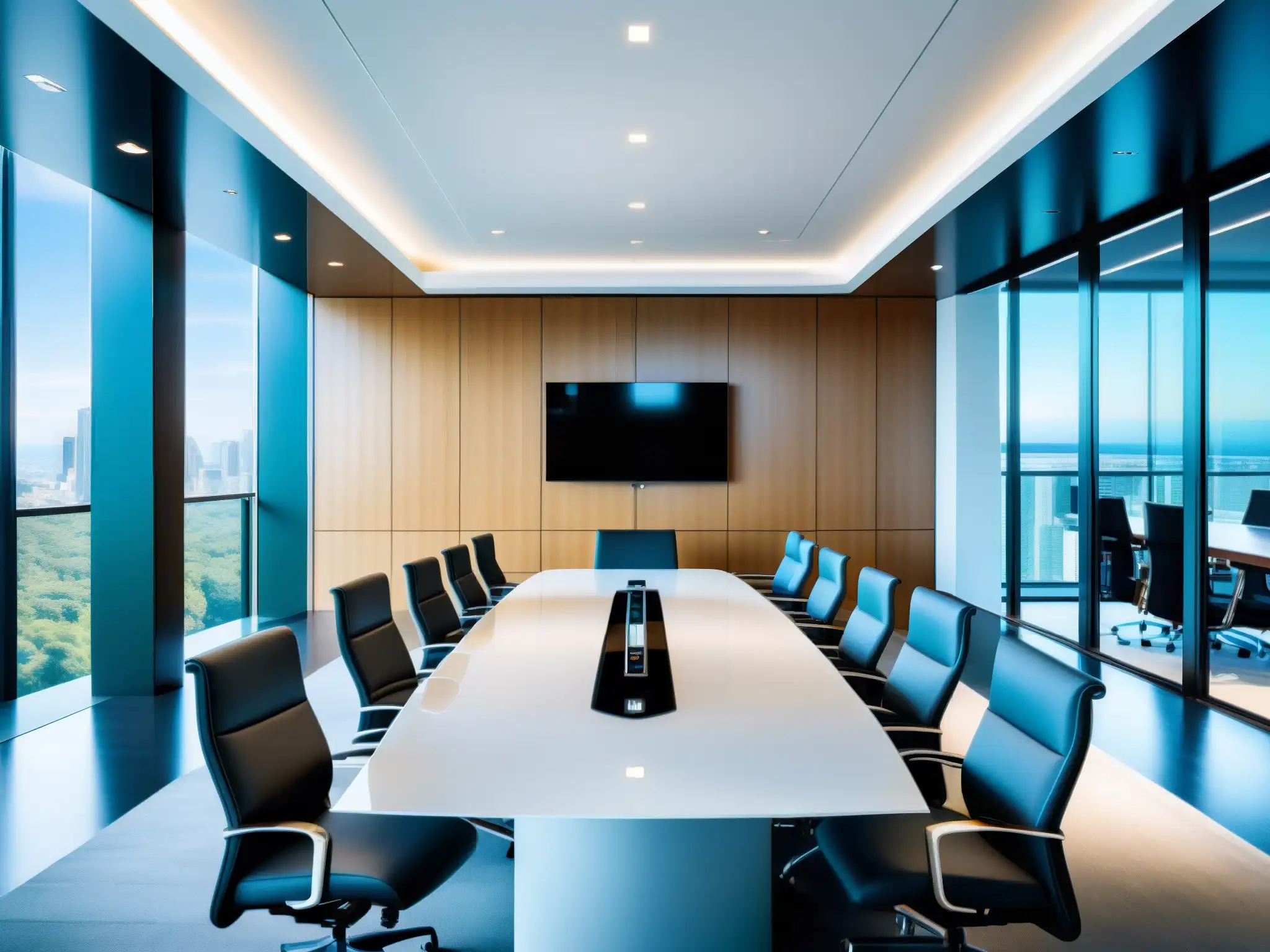 Sala de conferencias moderna y luminosa con tecnología de vanguardia Espacioso salón de conferencias con luz natural y sistema de videoconferencias profesionales con AnyDesk, ambiente profesional y eficiente