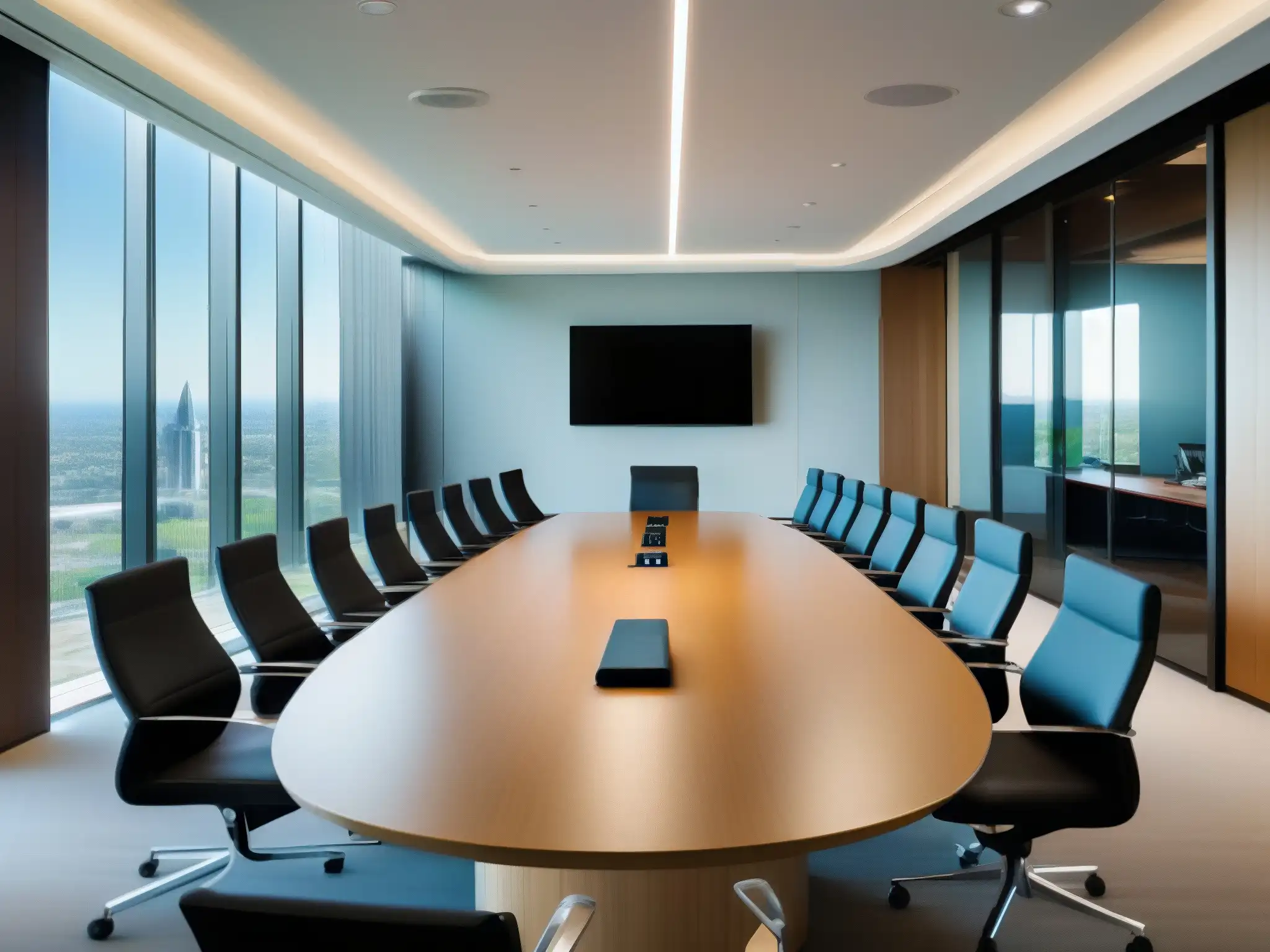 Sala de conferencias moderna y tecnológica con vistas a la ciudad Espacioso salón de conferencias con tecnología avanzada y vistas impresionantes de la ciudad