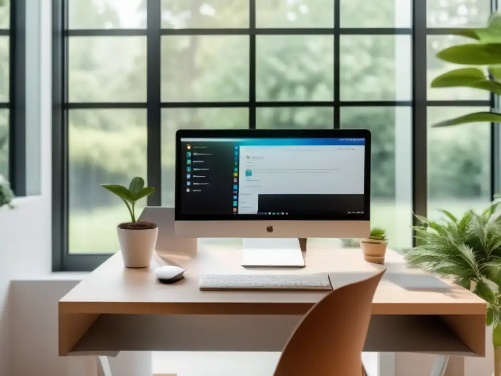 Oficina en casa luminosa y minimalista para videoconferencias productivas Espacioso y luminoso home office para evitar agotamiento en videoconferencias profesionales