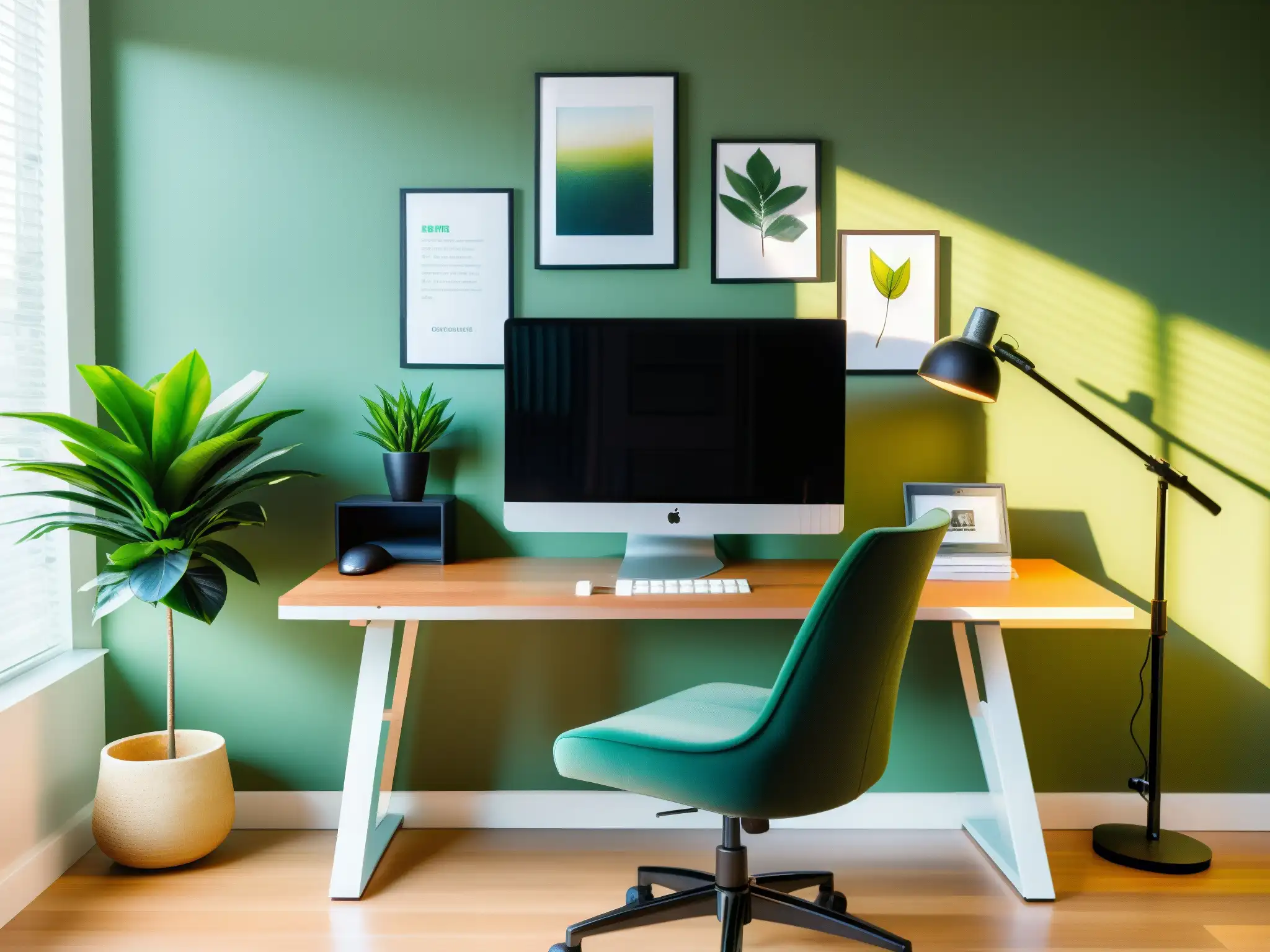 Oficina en casa bien iluminada y espaciosa con diseño ergonómico y elegante Espacioso y luminoso despacho en casa con ergonómico setup de escritorio y silla, ideal para videoconferencias profesionales