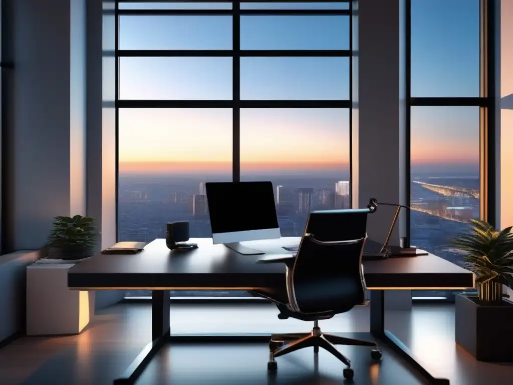 Oficina en casa moderna y elegante con vista a la ciudad Espacioso y moderno estudio en casa con equipo de alta gama para videoconferencias