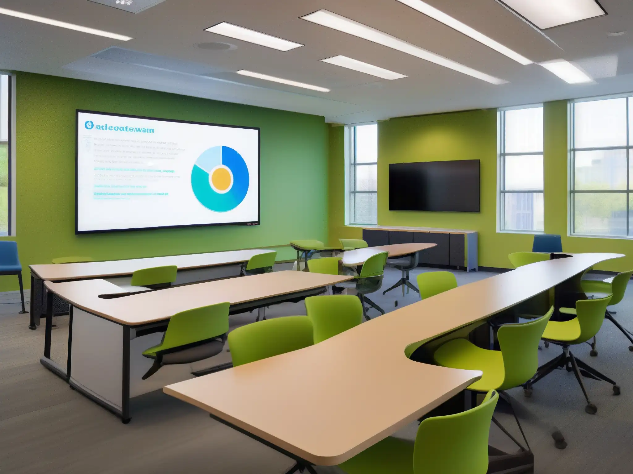 Aula virtual moderna y espaciosa con estudiantes participativos Espacioso salón virtual moderno con mobiliario ergonómico, pizarras digitales interactivas y luz natural