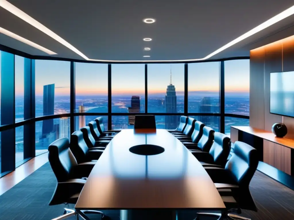 Sala de juntas moderna con vista a la ciudad y tecnología de vanguardia Espacioso y moderno salón de reuniones con increíbles vistas a la ciudad