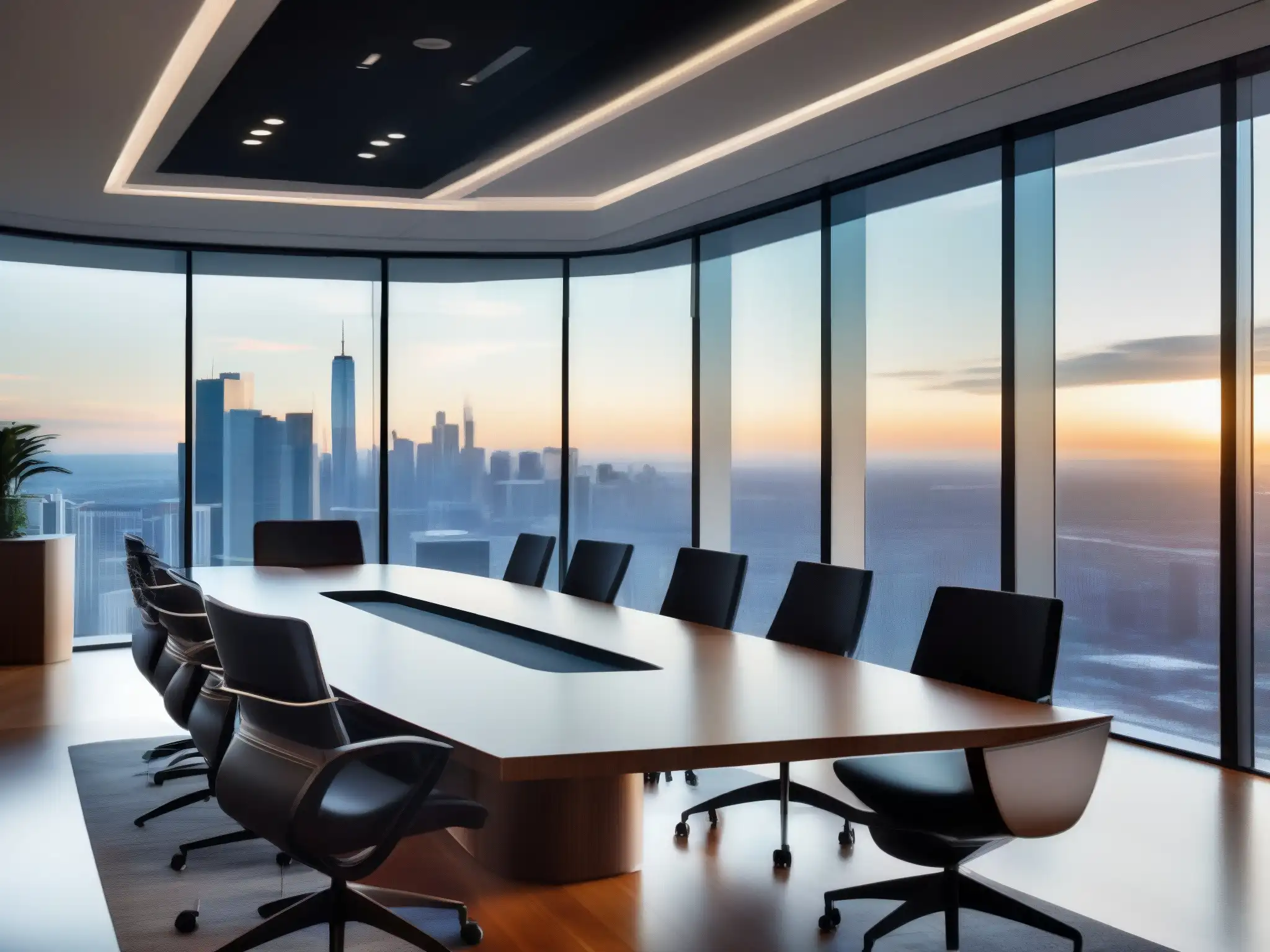 Moderno salón de conferencias con vista a la ciudad y equipo de videoconferencia de alta gama Espacioso salón de conferencias con vista a la ciudad, equipado para videoconferencias en Salesforce para gestión de clientes