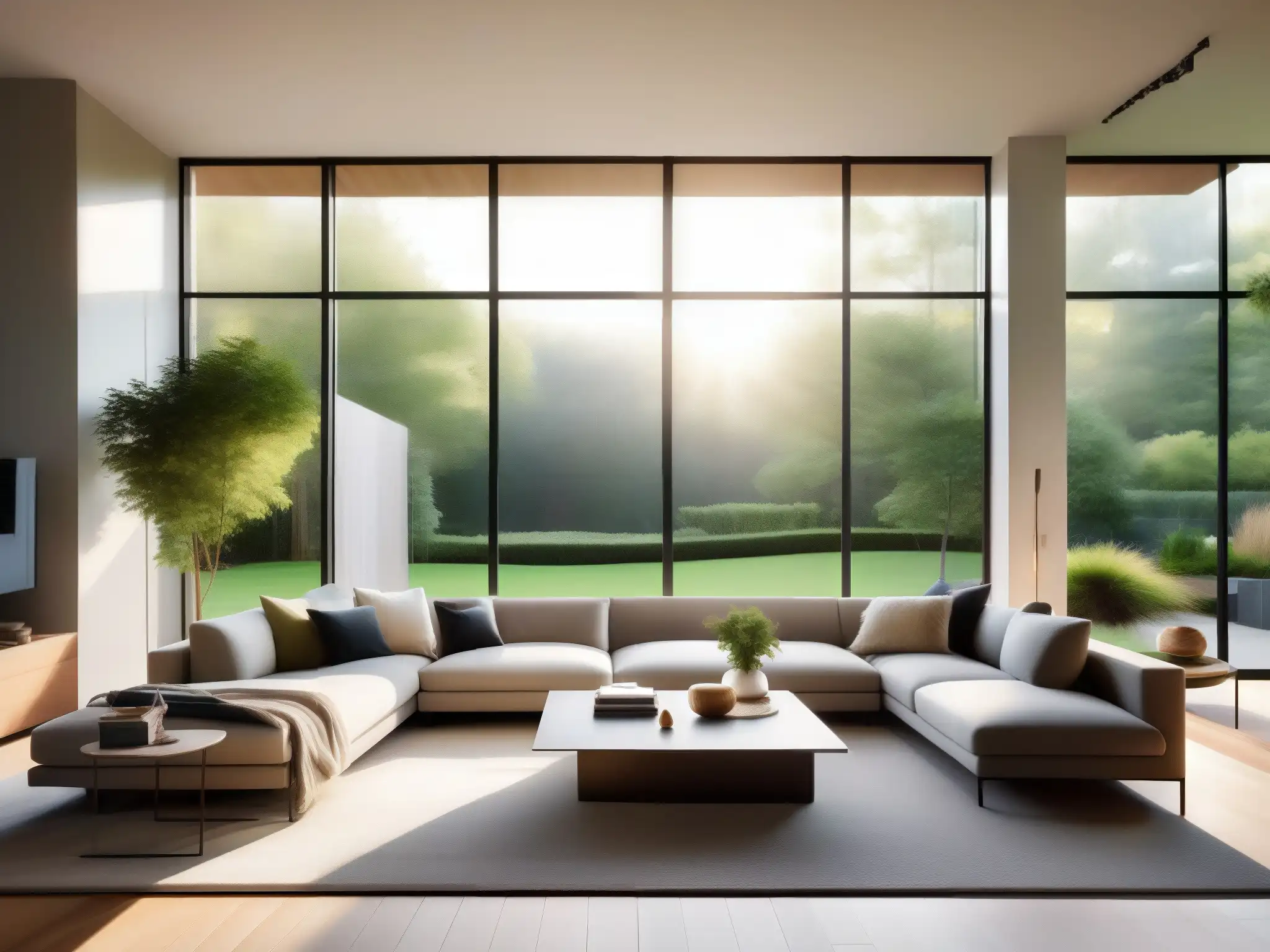 Sala de estar minimalista con vista al jardín Espacioso salón con vista a jardín, decorado en estilo minimalista acogedor