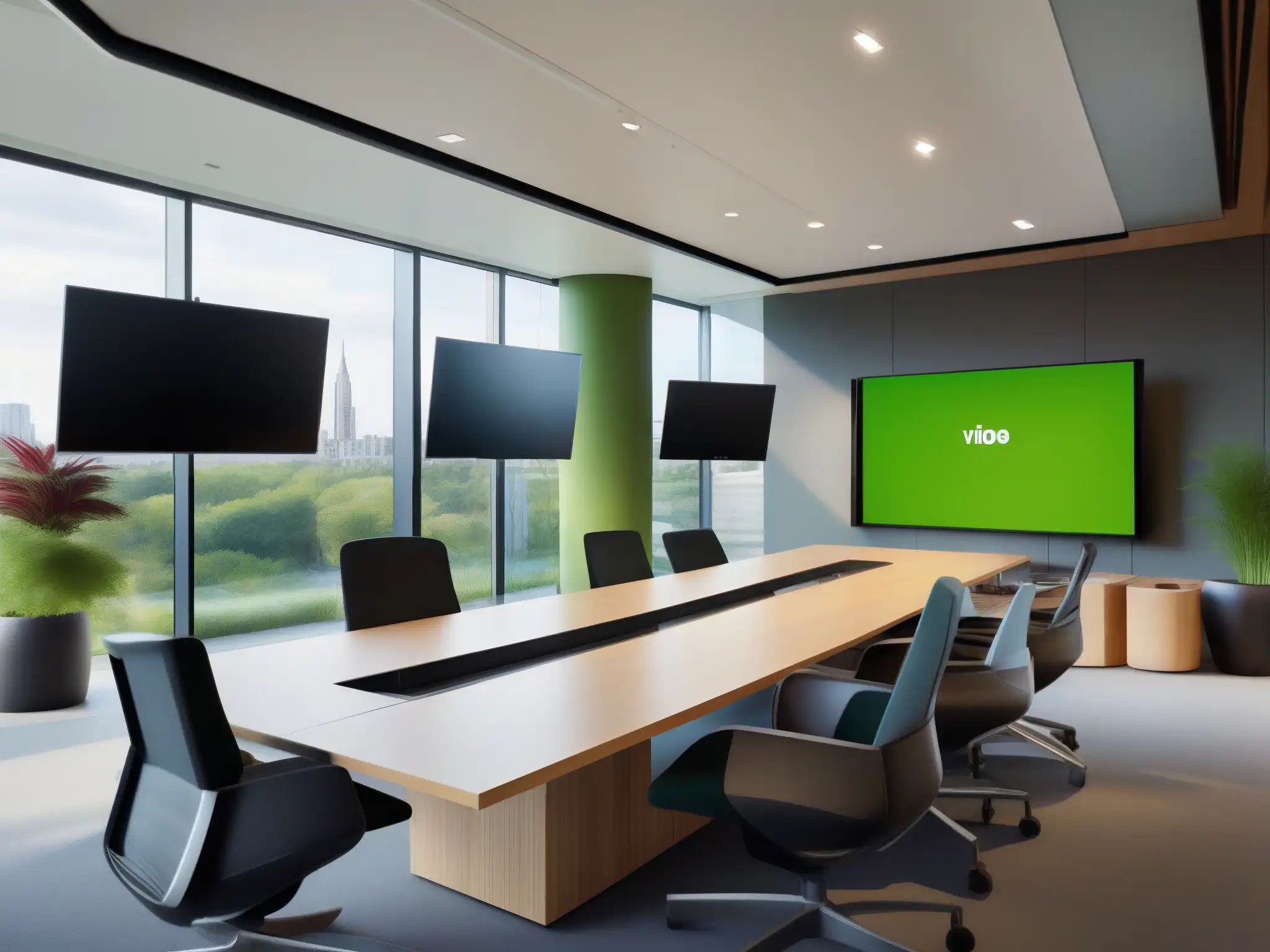 Sala de videoconferencias sostenible con vista a jardín ecológico Espacioso salón de videoconferencias ecoamigable con mobiliario sostenible y equipos de última generación
