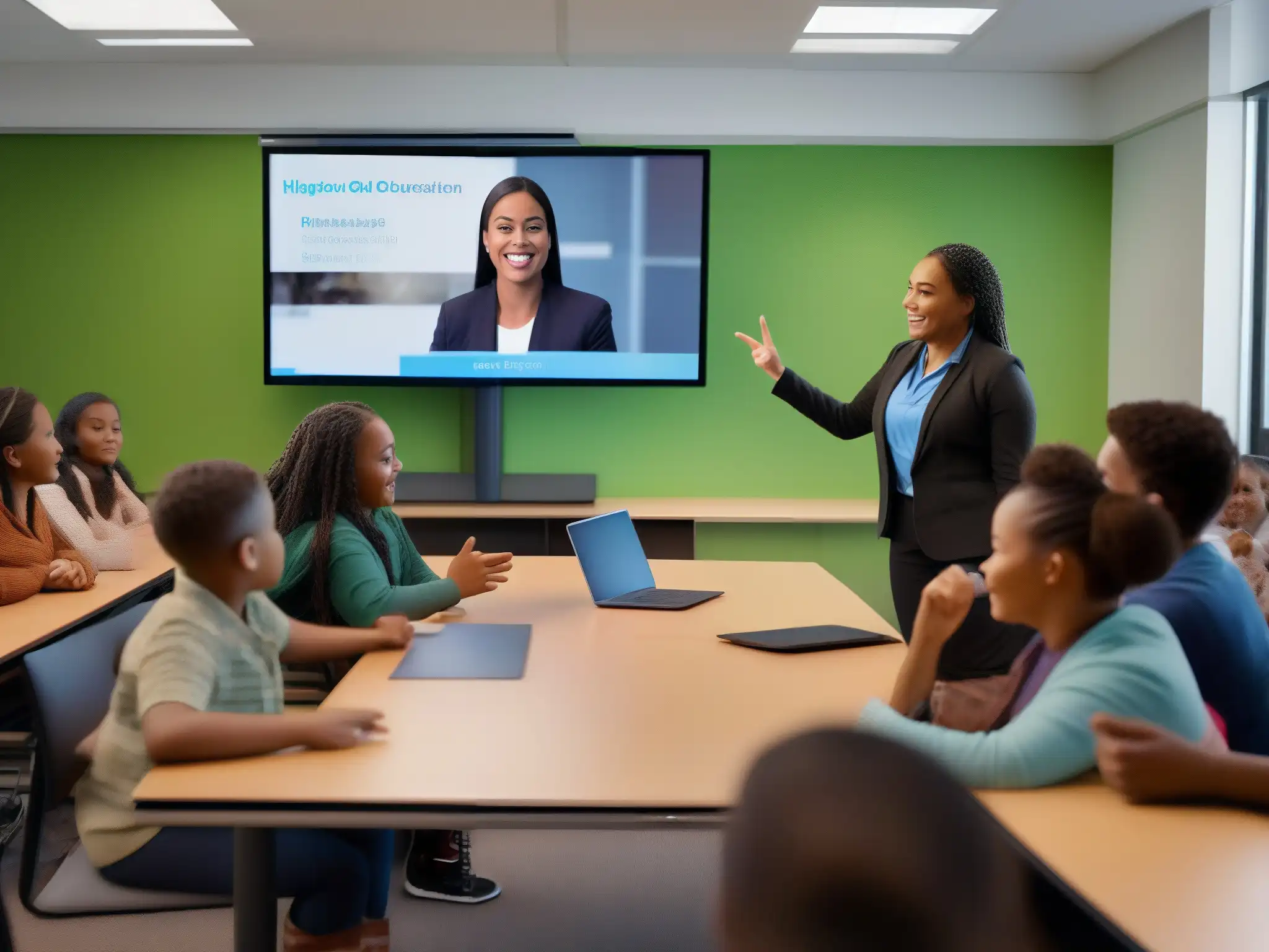 Aula inclusiva con videoconferencia y intérprete de lenguaje de señas Videoconferencias educación especial usabilidad: Aula inclusiva con estudiantes diversos, intérprete de lenguaje de señas y herramientas interactivas