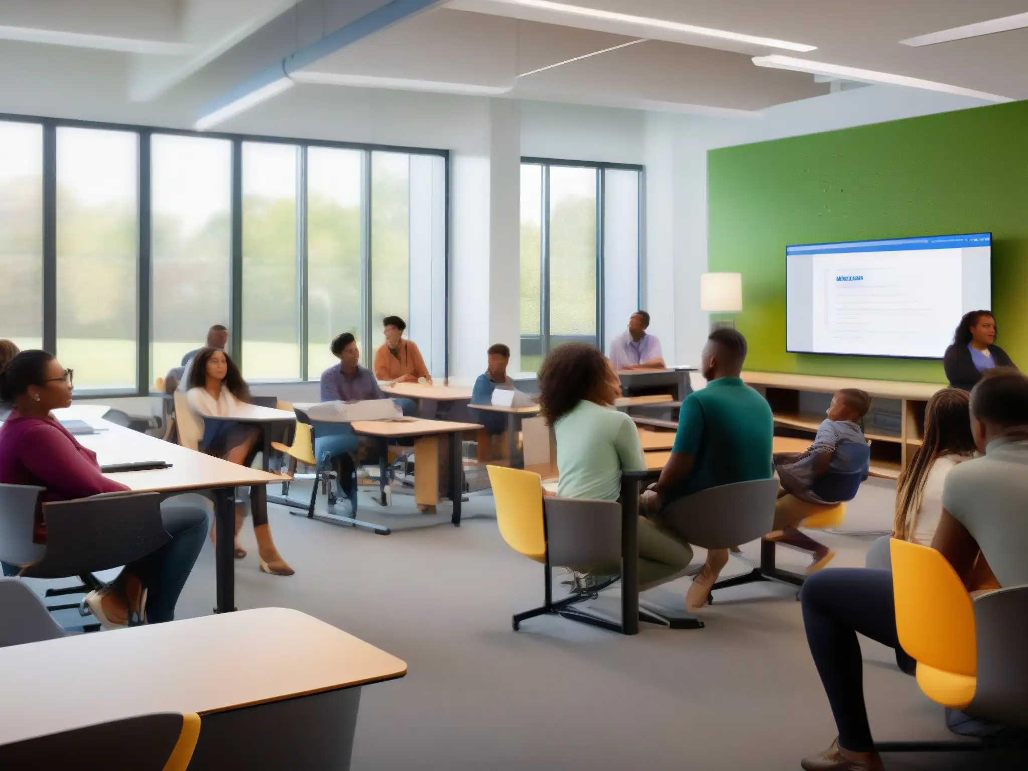 Clase virtual dinámica con TrueConf: aprendizaje inclusivo Implementación de TrueConf en Educación Especial: Aula moderna, estudiantes diversos participando en una sesión virtual dinámica y acogedora