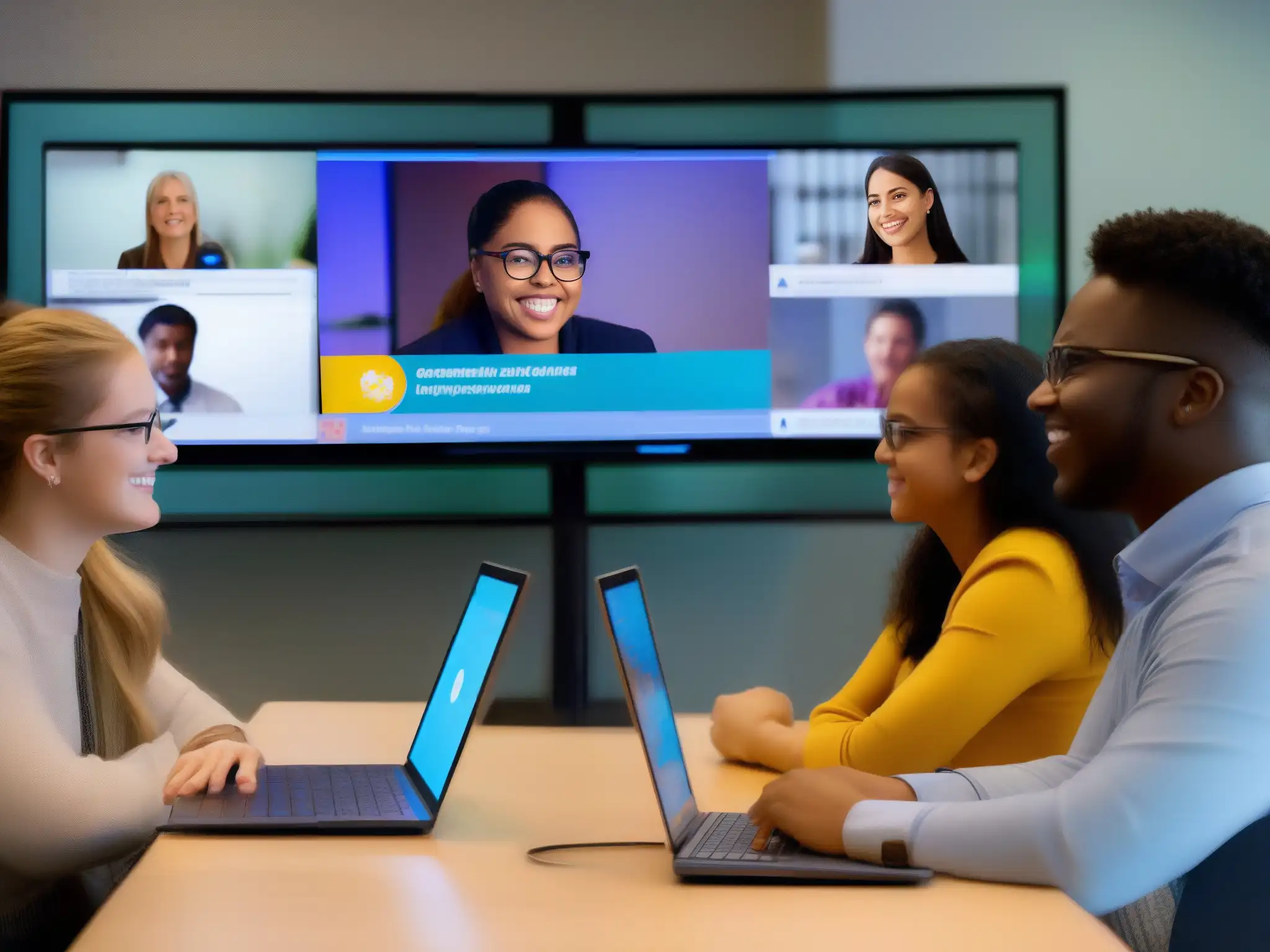 Clase inclusiva con TrueConf: estudiantes participan activamente Implementación de TrueConf en Educación Especial: Estudiantes diversos participan activamente en una sesión virtual, con apoyo inclusivo y tecnológico