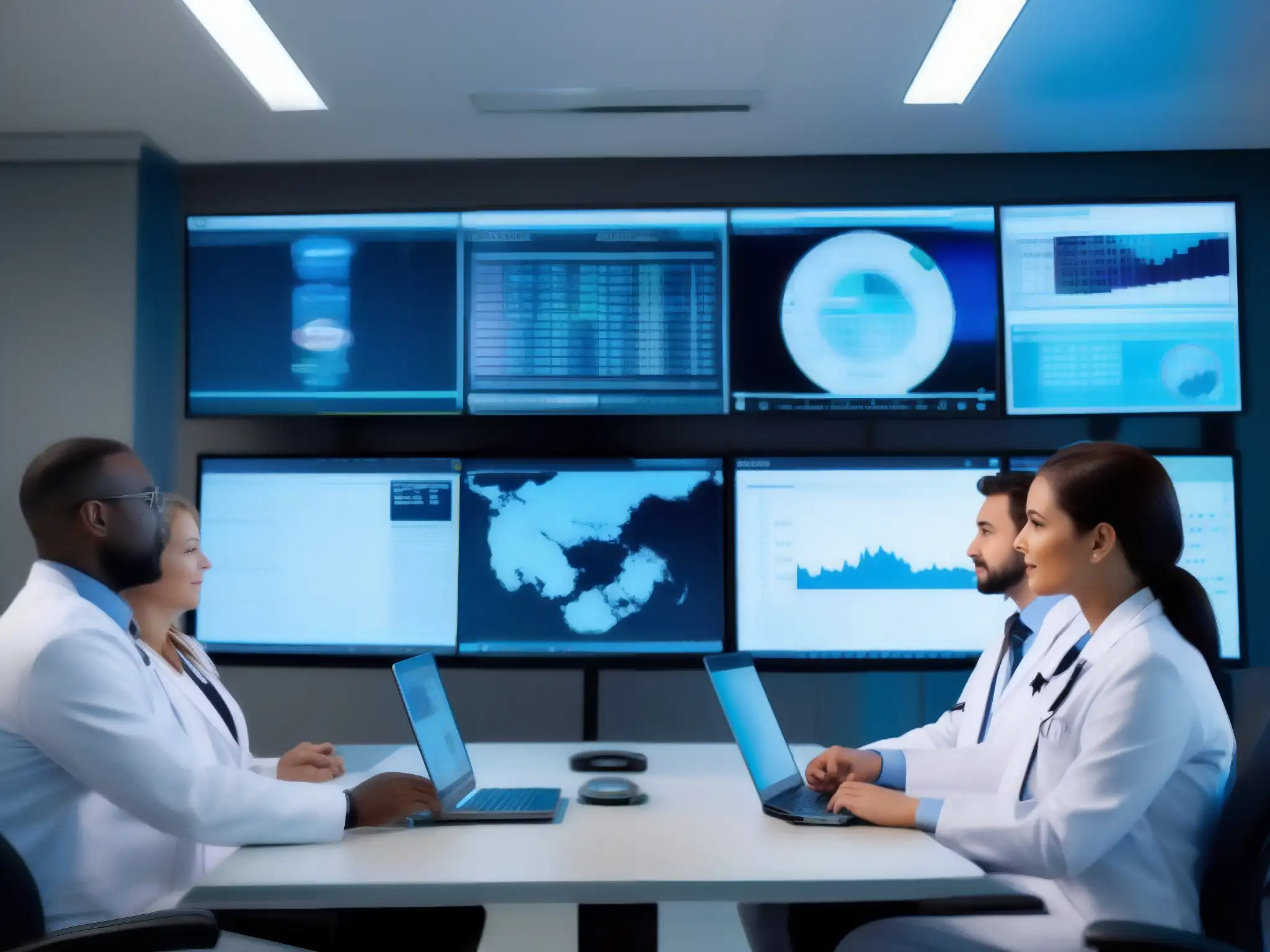 Videoconferencia médica: Innovación en telemedicina Especialistas médicos colaboran en videoconferencias para telemedicina, discutiendo avances en sus especialidades