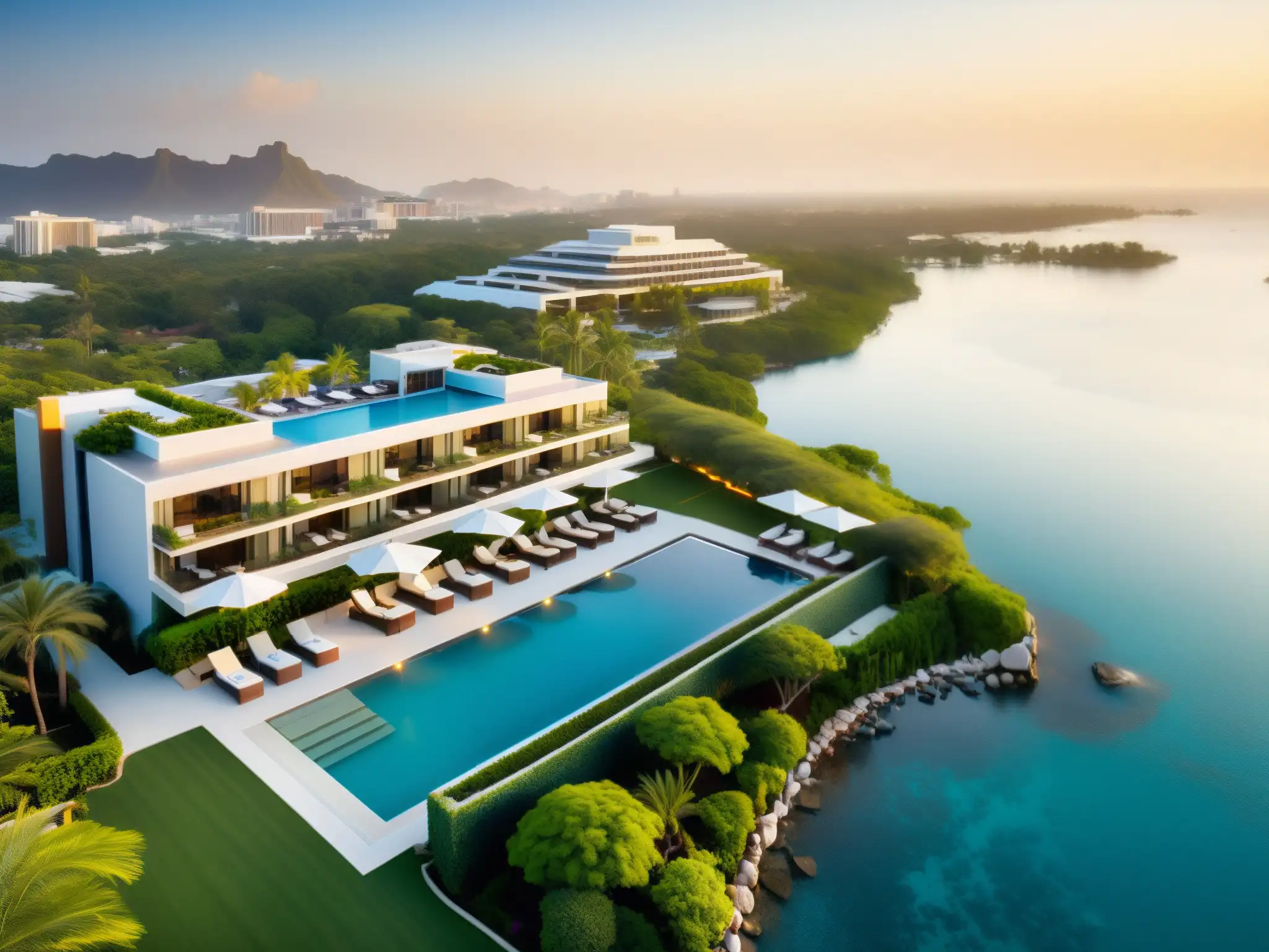 Hilton Hotels & Resorts: Lujo en la ciudad al atardecer Espectacular hotel Hilton con impacto de Lifesize en hotelería, rodeado de exuberante paisaje y una moderna piscina de borde infinito al atardecer