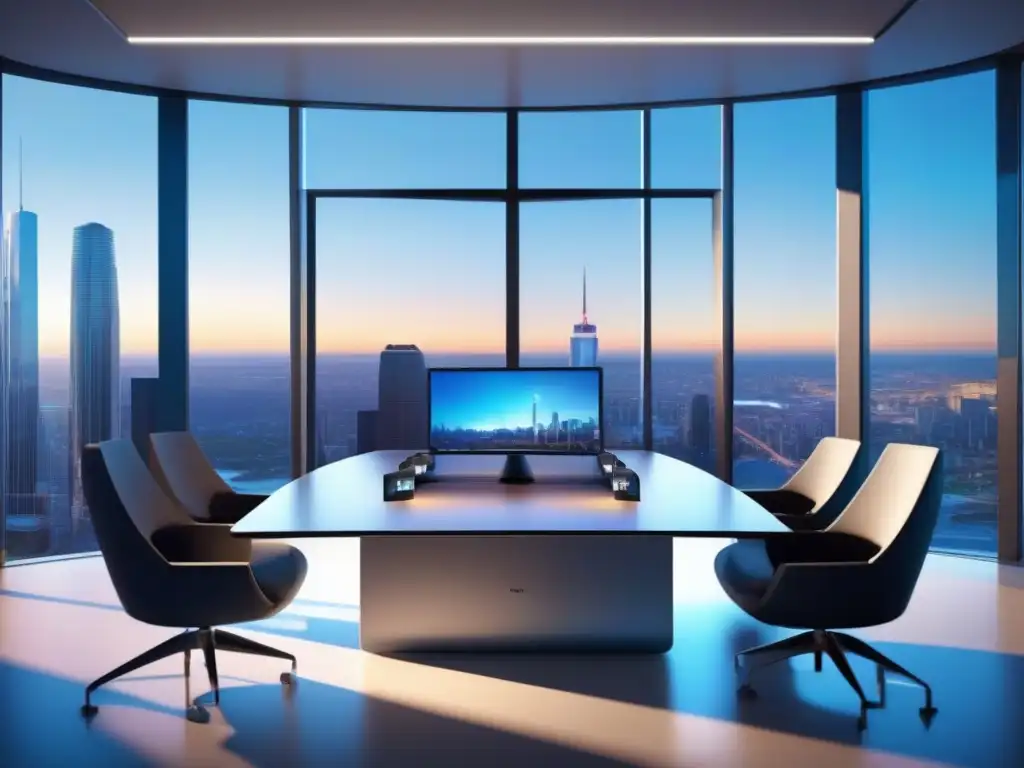 Moderno videoconferencia en oficina futurista Espionaje en videoconferencias profesionales: una moderna y sofisticada sala de videoconferencias con múltiples pantallas de alta definición, mobiliario minimalista y una vista panorámica de la ciudad en el fondo, creando una atmósfera profesional y acogedora