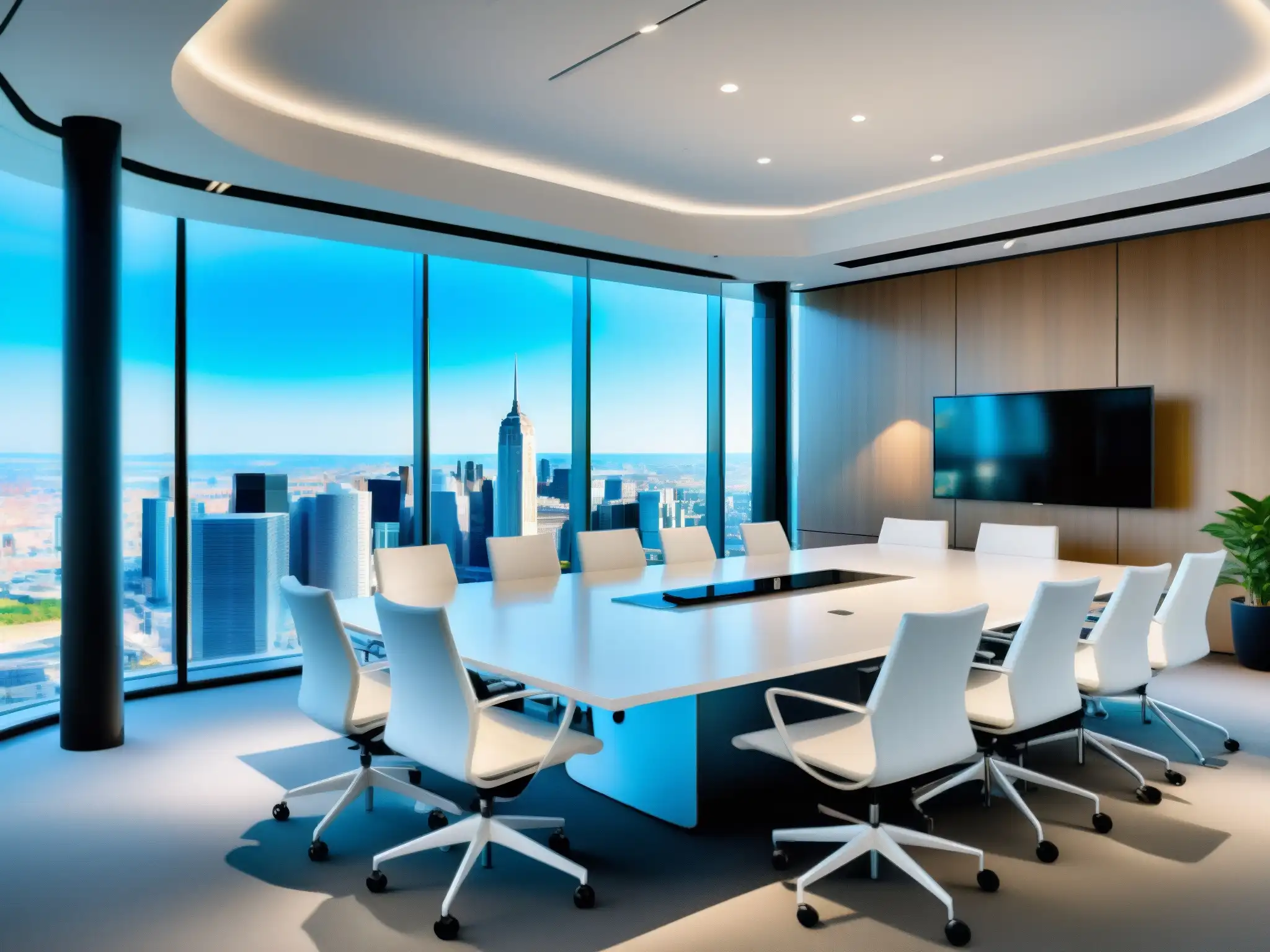 Sala de conferencias moderna con vista a la ciudad y reunión profesional en pantalla Espléndida sala de conferencias con soluciones de videoconferencia y reservas, ambiente profesional y productivo bajo la luz natural de la ciudad