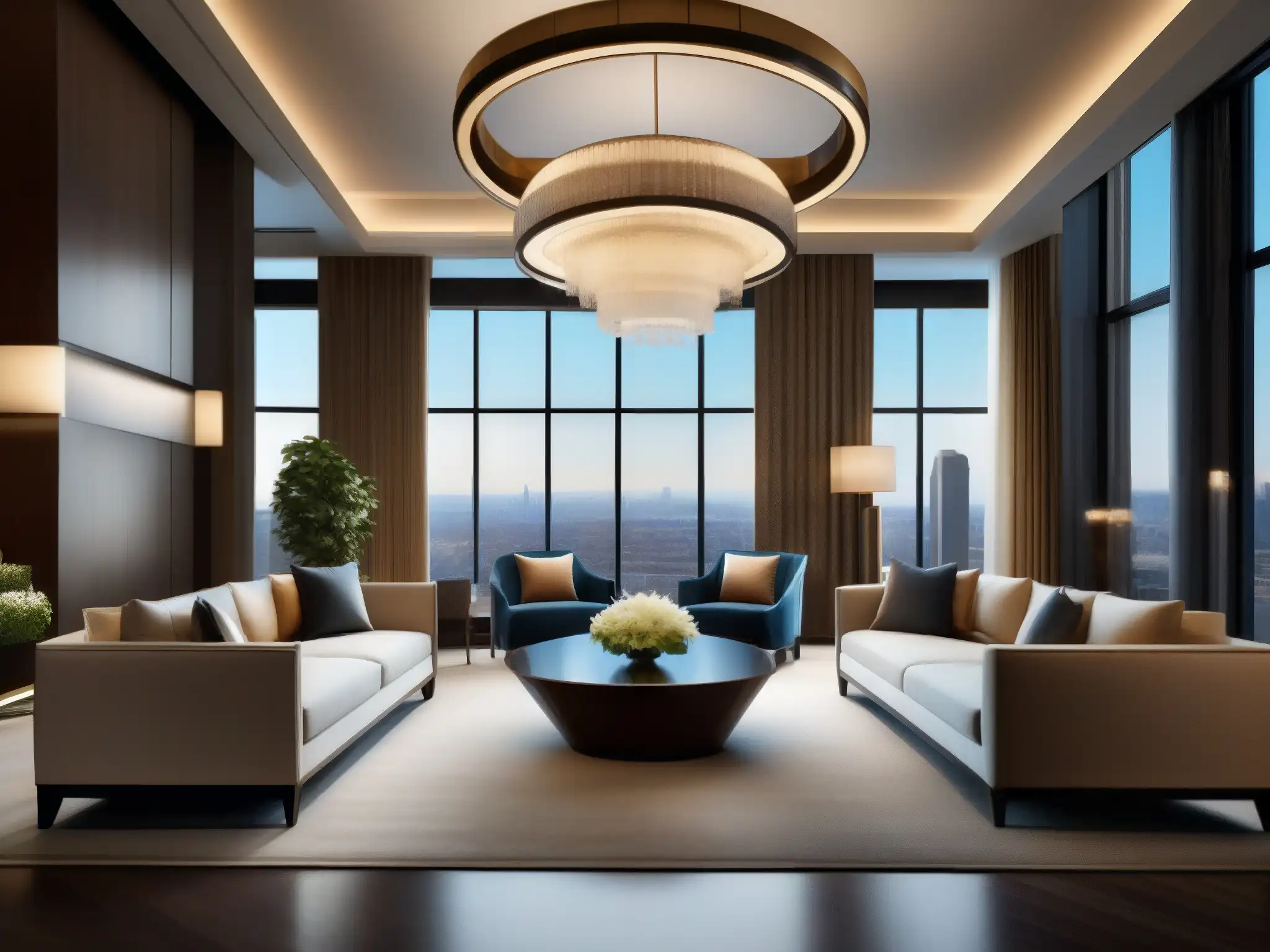 Hotel de lujo: lobby moderno con vistas a la ciudad Espléndido lobby de hotel con mobiliario moderno, una majestuosa lámpara y una sofisticada paleta de colores