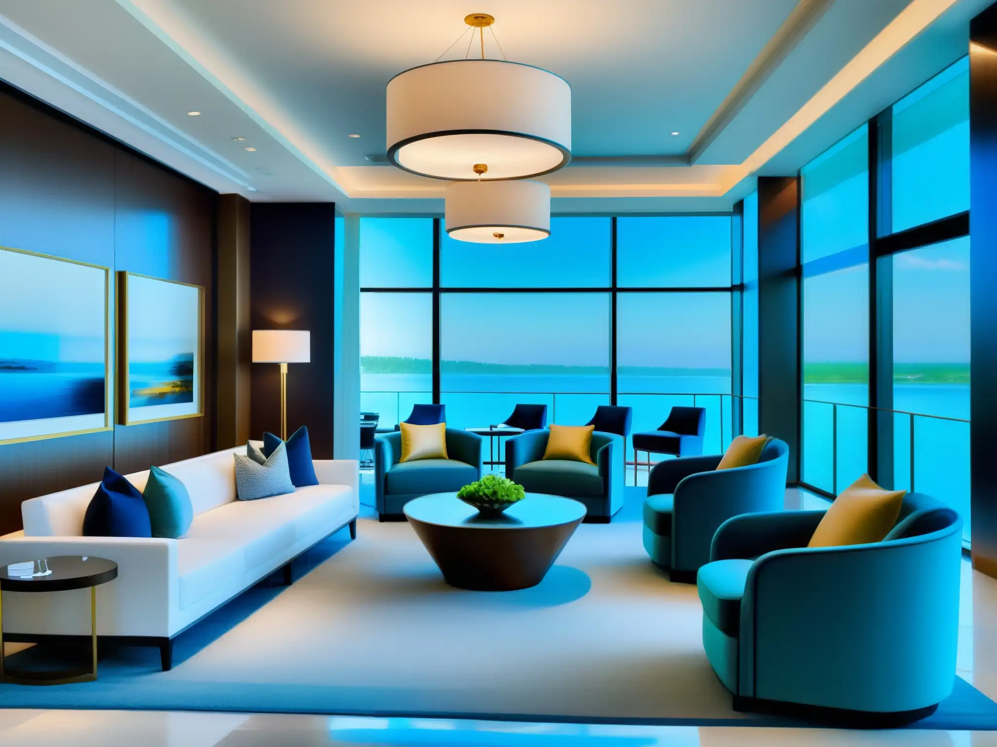 Lobby de hotel de lujo con vistas al mar y diseño moderno Espléndido lobby de hotel con decoración moderna y cómodas zonas de descanso, inundado de luz natural con vista al agua