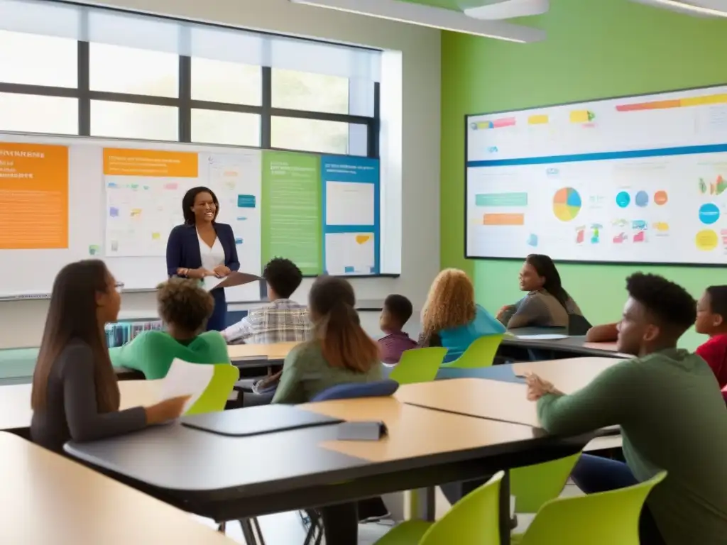 Aula moderna y dinámica con tecnología y diversidad estudiantil Estimulante aula moderna con diversidad estudiantil participando en discusión colaborativa