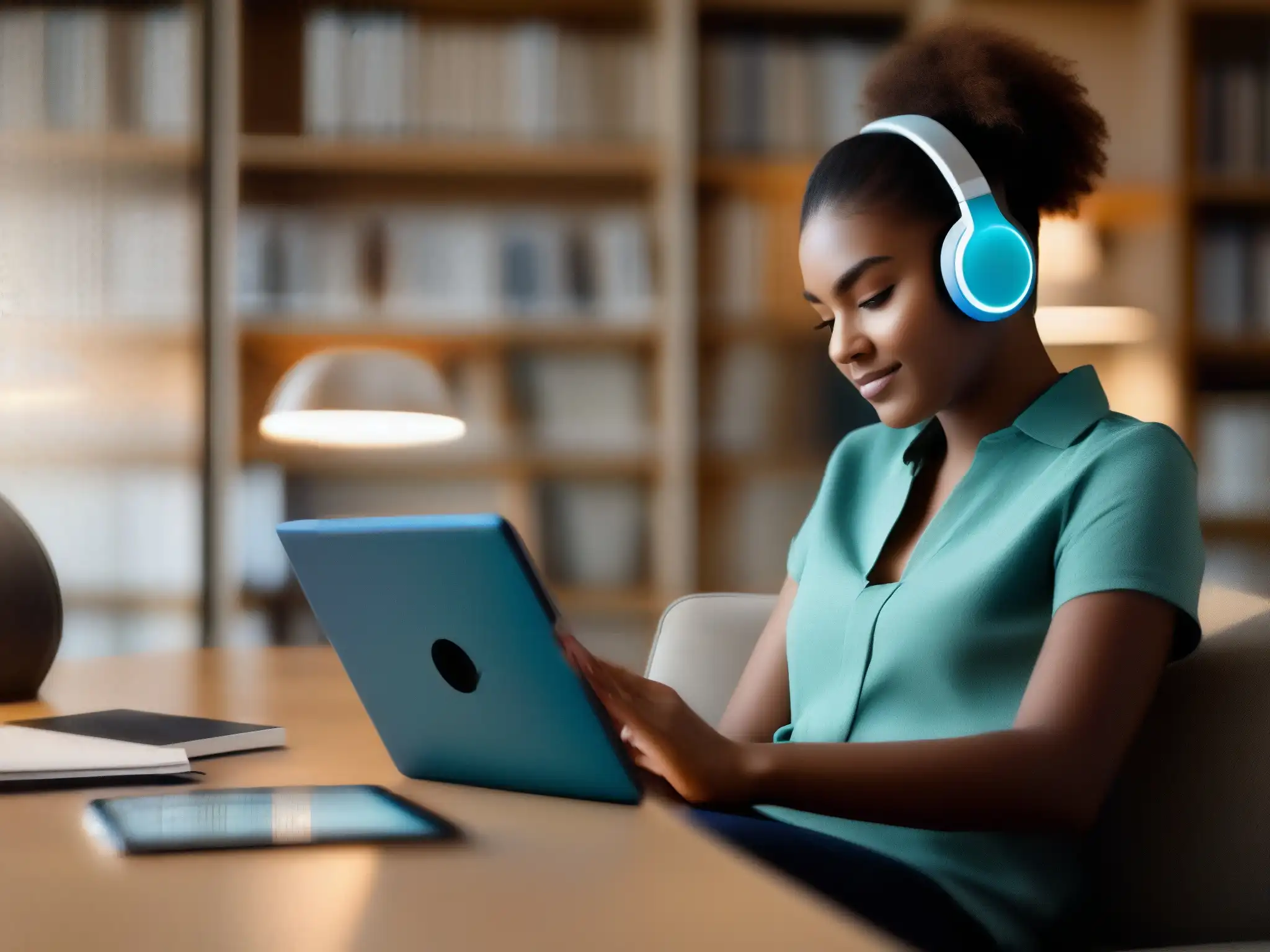 Estudiante enfocado con video educativo de alta calidad Un estudiante concentrado usa auriculares para ver un video educativo de alta calidad en una tableta moderna
