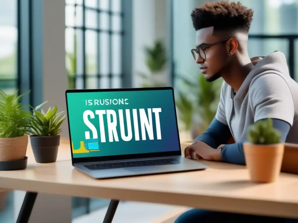 Estudiante enfocado en presentación educativa vibrante Estudiante enfocado en diseño de diapositivas para comprensión en aprendizaje online