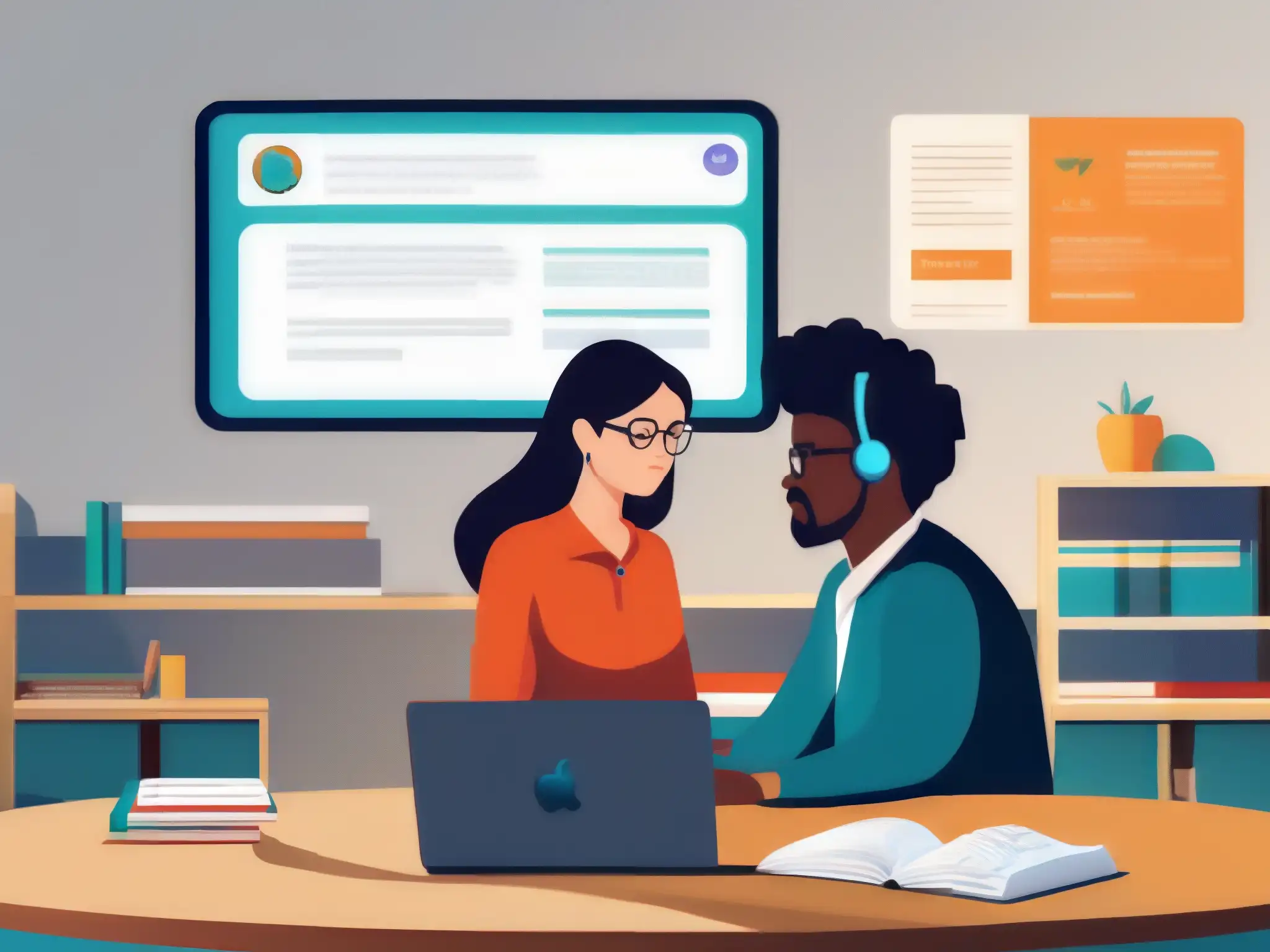 Clase virtual: Tutor y estudiante enfocados en Whereby Un estudiante y un tutor se enfocan en una sesión de tutoría online usando Whereby, la mejor herramienta de videoconferencia para tutorías online