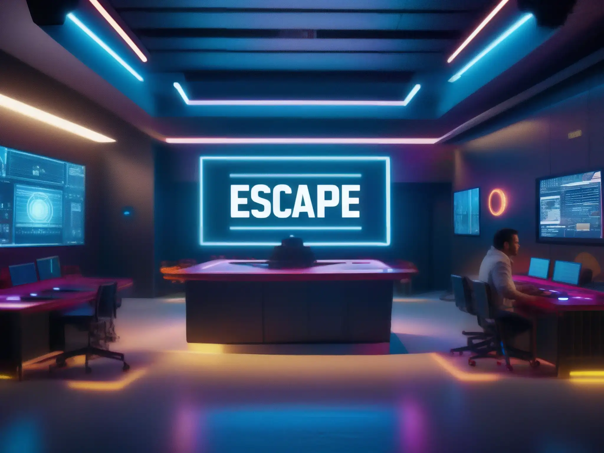 Escape Room Futurista: Aula Virtual 8k Estudiantes resolviendo acertijos en una sala de escape virtual futurista, potenciando la eficacia de la educación a distancia
