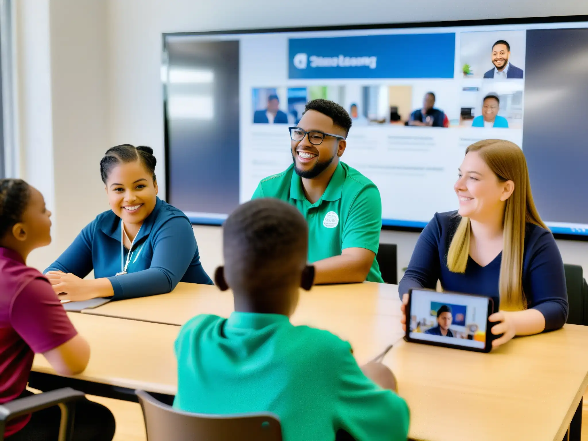 Aprendizaje inclusivo con tecnología Estudiantes diversos participan en actividad colaborativa usando herramientas de videoconferencia en aula inclusiva y moderna