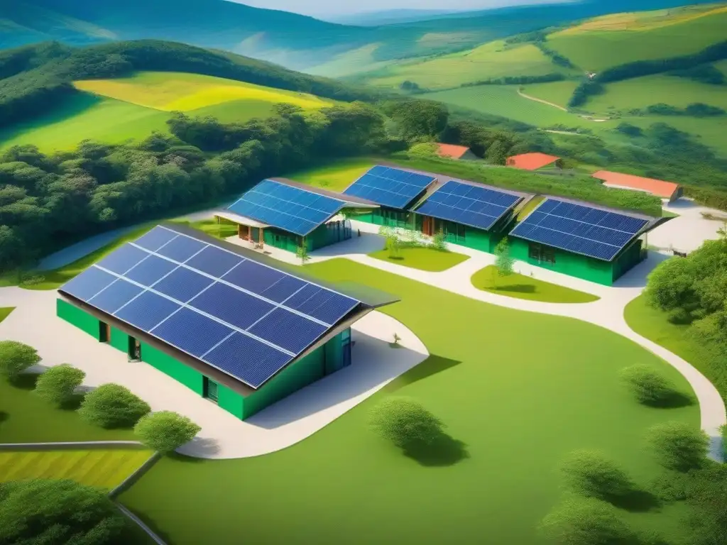 Escuela rural sostenible: educación moderna en armonía con la naturaleza Estudiantes disfrutan de actividades al aire libre en una escuela rural con paneles solares