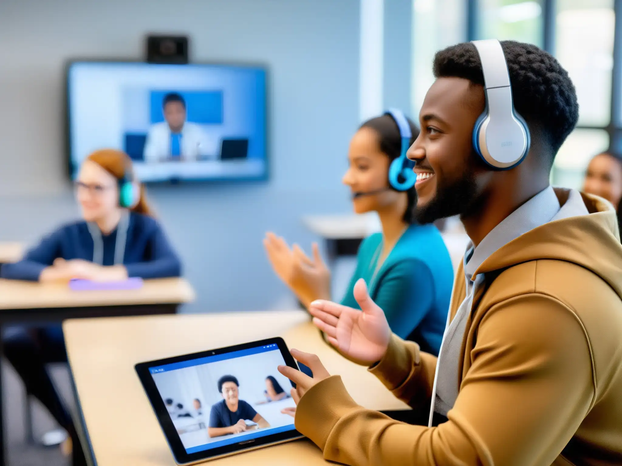 Clase diversa en videoconferencia Diversos estudiantes participan en actividades de videoconferencia educativa, incluyendo comunicación en lenguaje de señas y realidad virtual