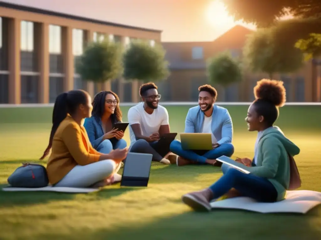 Jóvenes en círculo: aprendizaje colaborativo al atardecer Estudiantes colaborando al aire libre con herramientas de videoconferencia para educación no formal mientras el sol se pone
