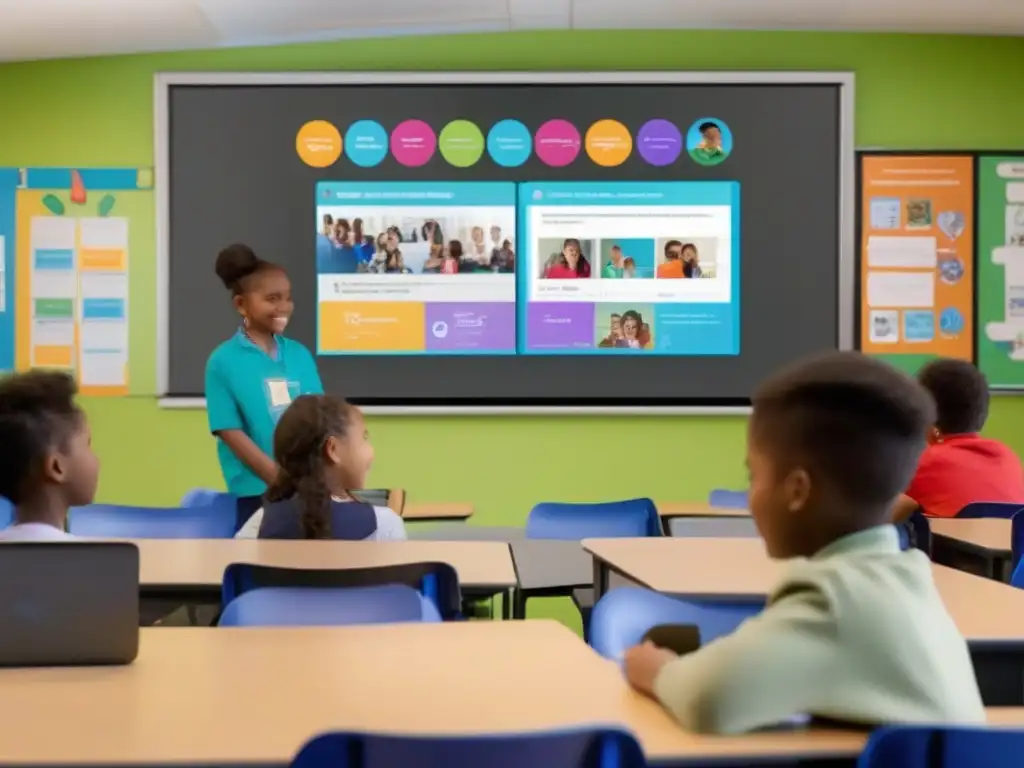 Aula virtual interactiva llena de entusiasmo y aprendizaje colaborativo Estudiantes participan activamente en una animada clase virtual a través de Jitsi Meet, disfrutando de las ventajas de la educación online