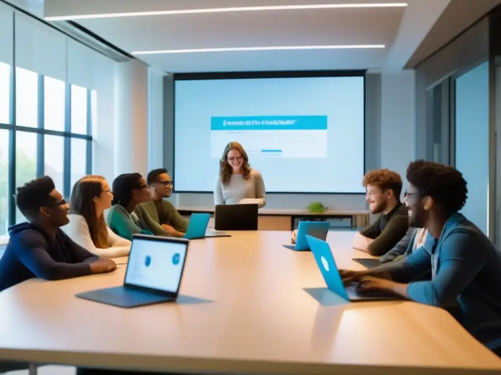 Clase interactiva: estudiantes participan en discusión en aula moderna Estudiantes participan en una animada discusión en un aula moderna y luminosa, utilizando Skype para conectarse con un conferencista remoto