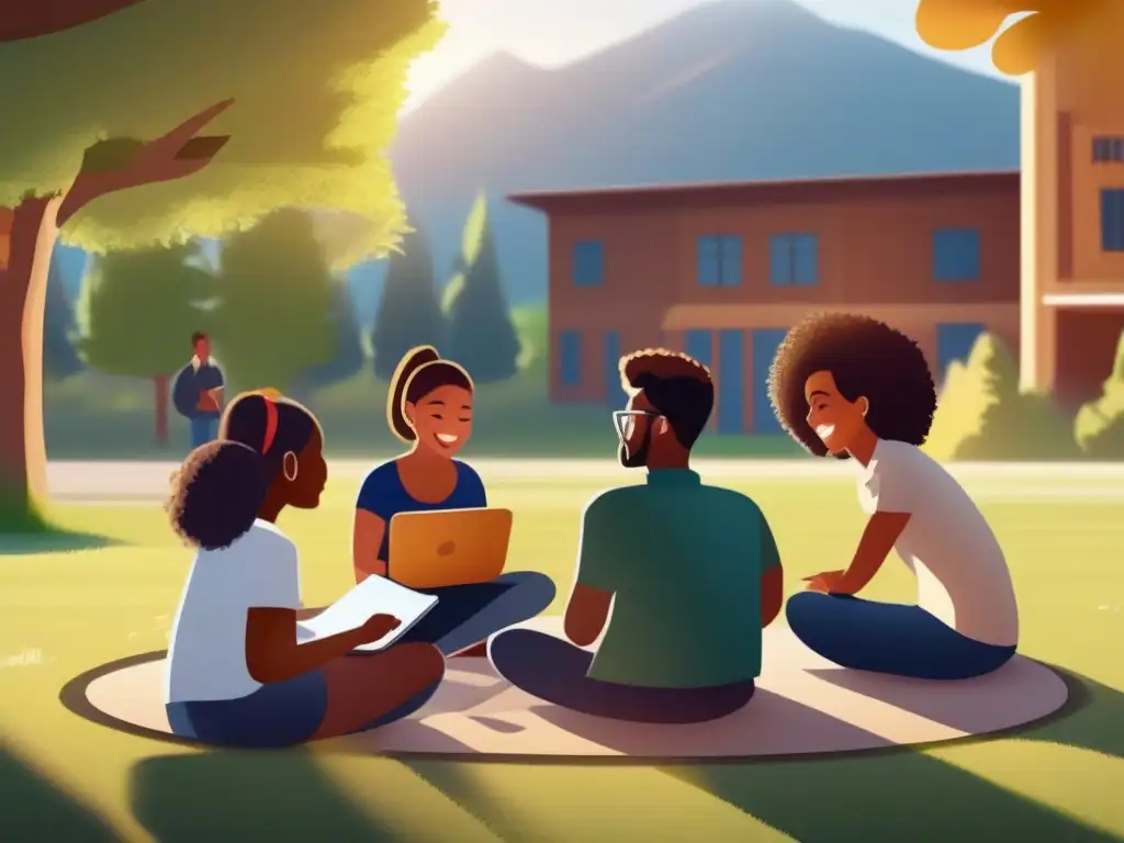 Estudiantes colaborando en videoconferencia al aire libre Estudiantes colaborando en una animada lección online en un entorno rural