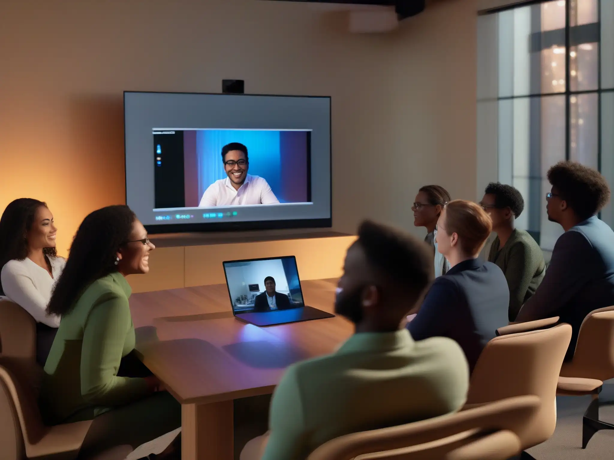 Clase virtual dinámica con API personalizado Estudiantes diversos participan en una animada videoconferencia en aula virtual con API personalizada, facilitando la educación a distancia