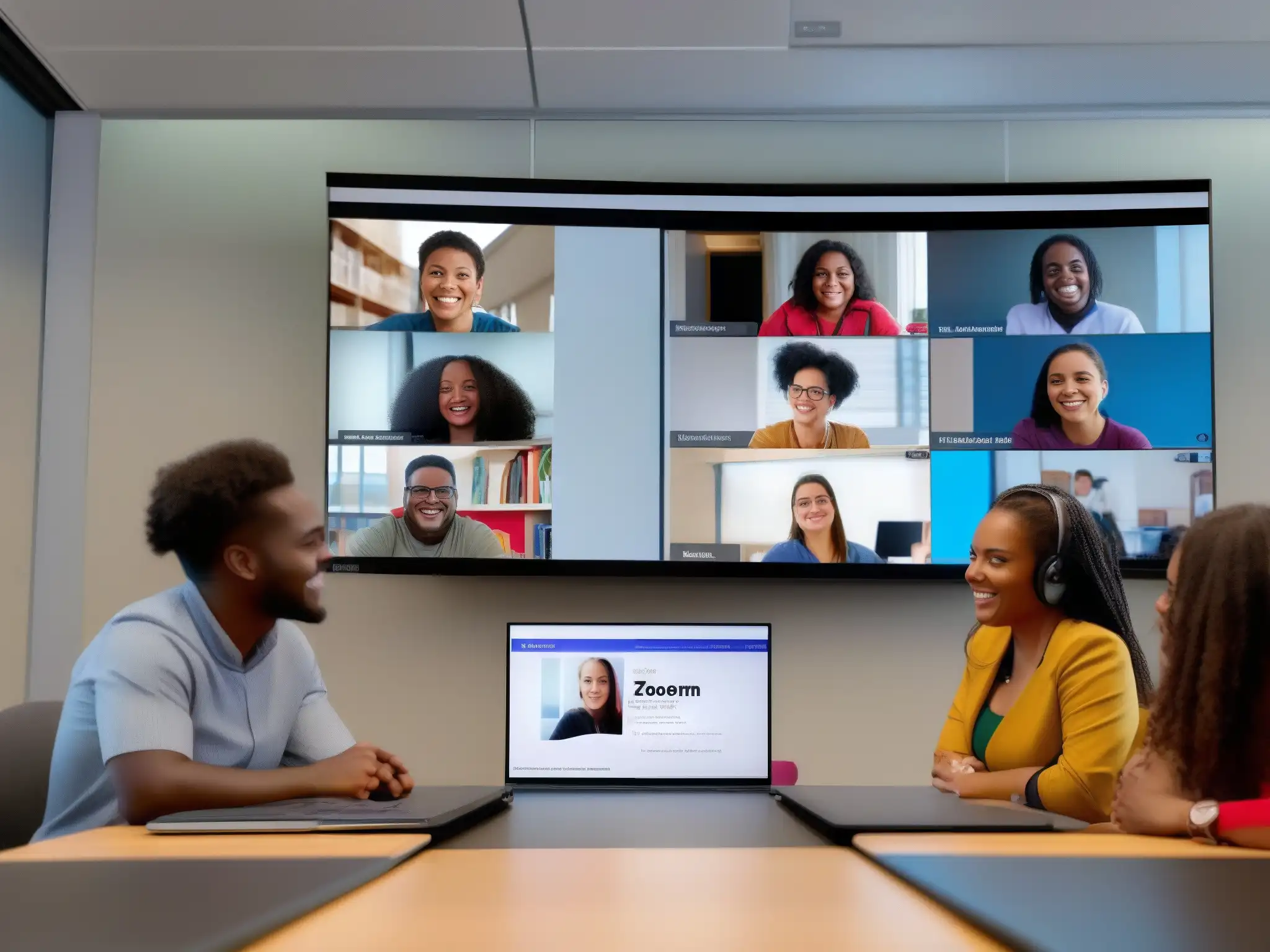 Vibrante discusión en Zoom: Aprendizaje colaborativo en acción Estudiantes participan en animada videoconferencia educativa, utilizando las mejores herramientas para retroalimentación colaborativa en Zoom