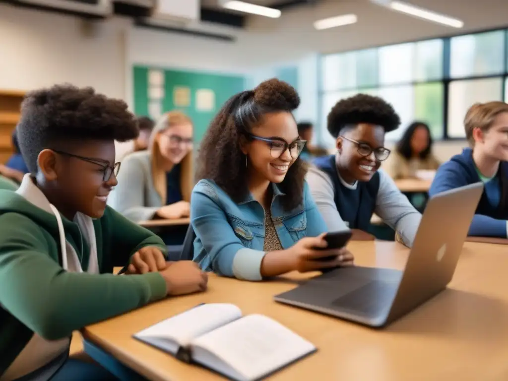 Estudiantes colaborando en aula moderna con Discord Estudiantes diversos participan activamente en aprendizaje colaborativo con Discord en un aula moderna
