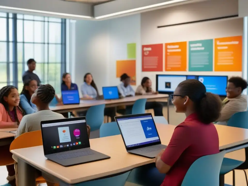 Clase híbrida: aprendizaje moderno en un aula tecnológica Estudiantes participan en aprendizaje híbrido presencial virtual en aula tecnológica con luz natural y posters educativos