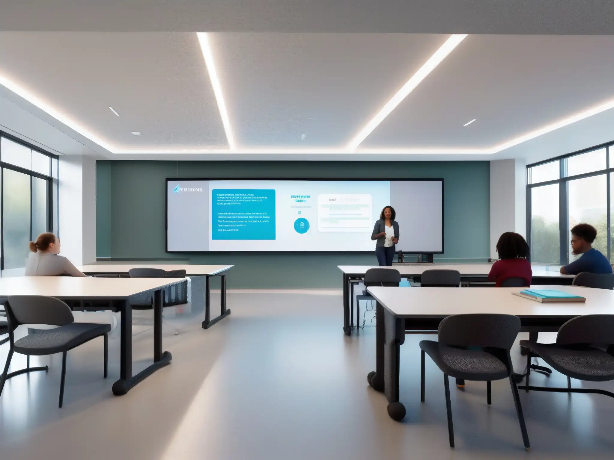 Clase futurista: Aula virtual 8k con tecnología integrada Estudiantes en aula futurista con mobiliario moderno, pizarras digitales e interacción en Jitsi Meet