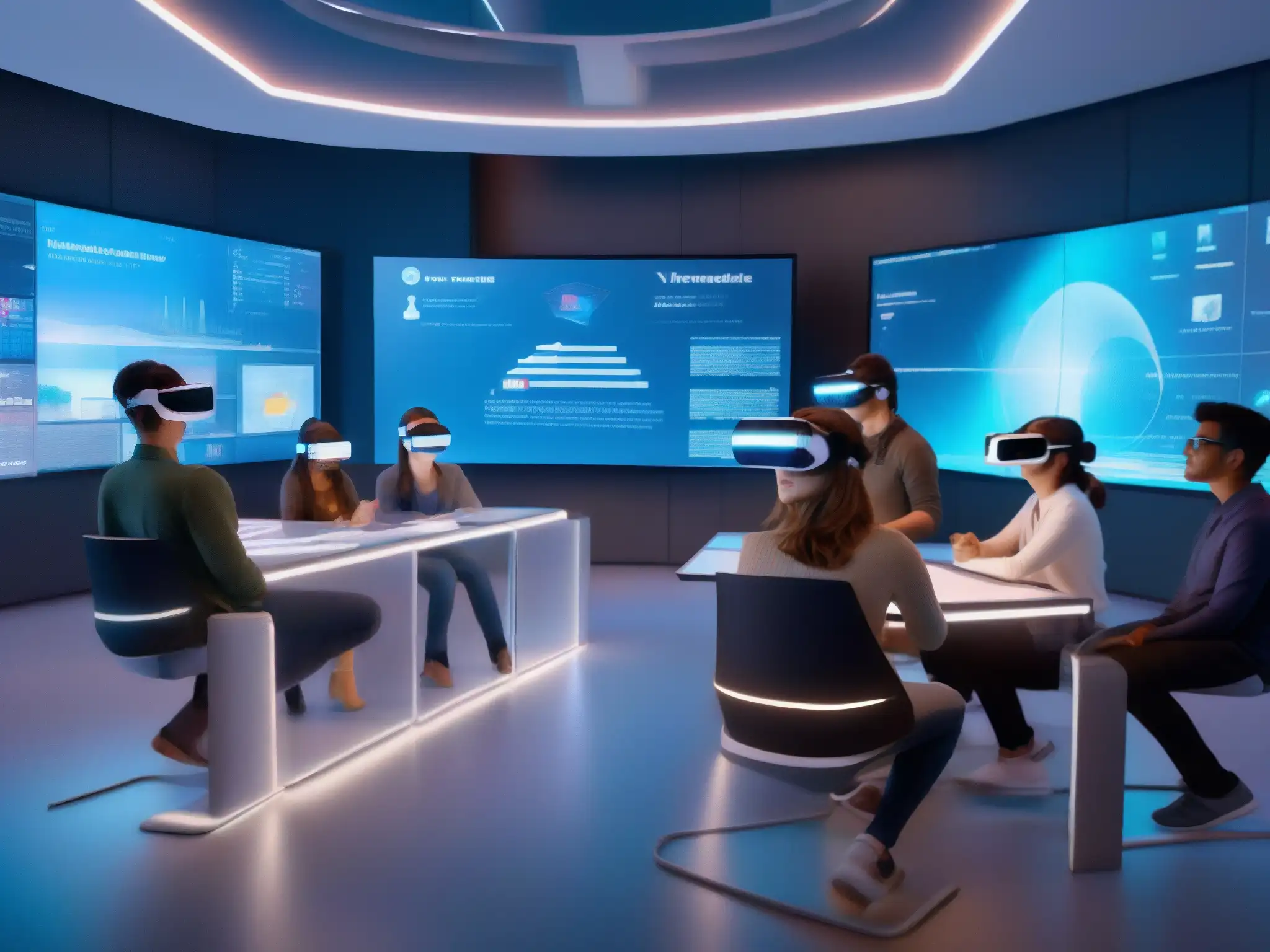 Aula futurista con estudiantes usando VR y AI para una educación inmersiva Estudiantes usando VR en un aula futurista con proyecciones holográficas y AI