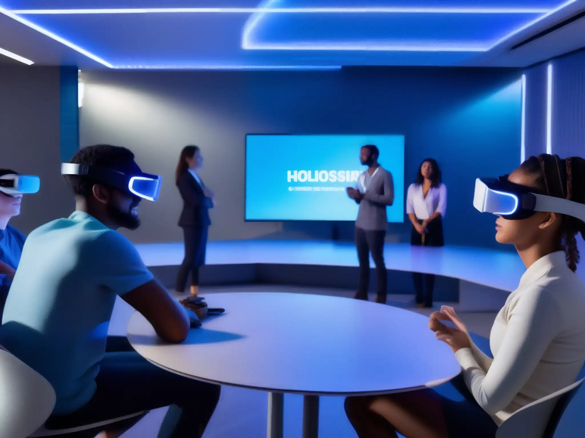 Aula universitaria futurista con realidad virtual y hologramas Estudiantes en aula futurista con realidad virtual y videoconferencia, éxito universitario con Jitsi