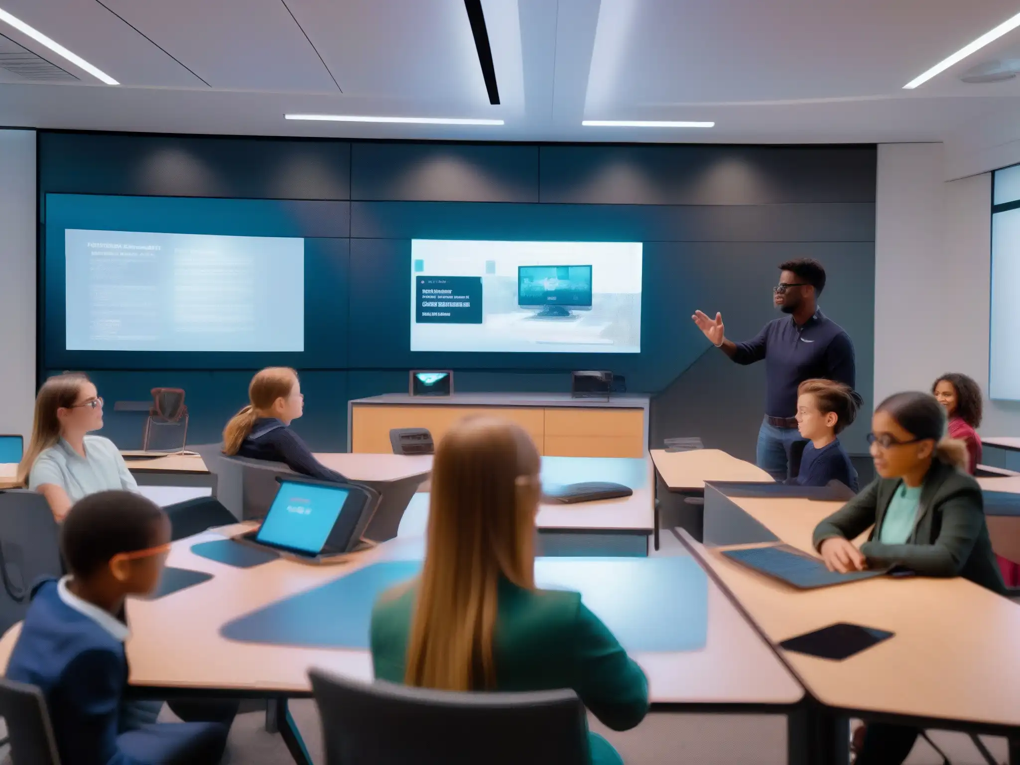 Aula del Futuro: Realidad Virtual y Tecnología Interactiva Estudiantes en aula del futuro con realidad virtual y hologramas, usando las mejores plataformas de videoconferencia educativa online