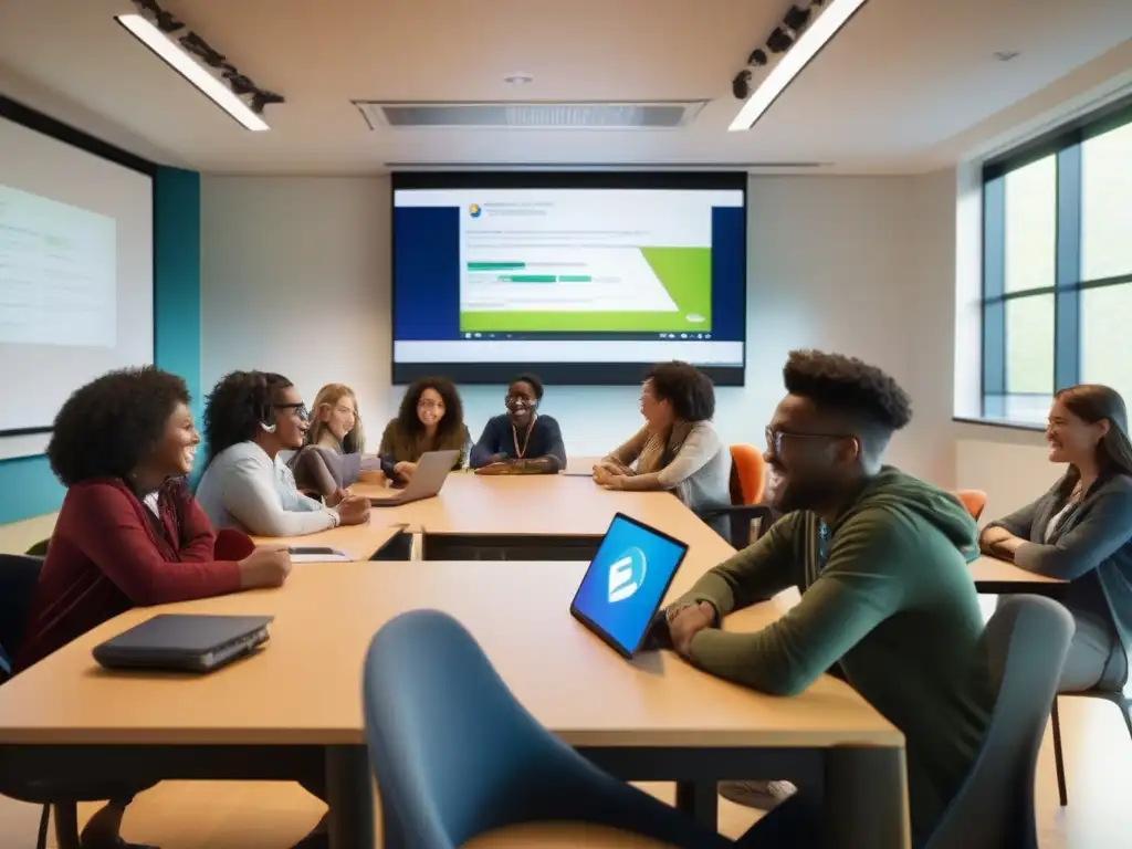 Estudiantes colaborativos en aula moderna usando Discord Estudiantes colaborando en un aula moderna con Discord en educación colaborativa