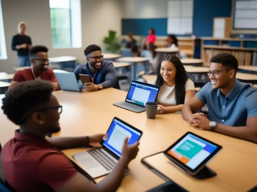 Estudiantes colaborando en aula moderna con Discord Estudiantes colaborando en un aula moderna, utilizando Discord en educación colaborativa